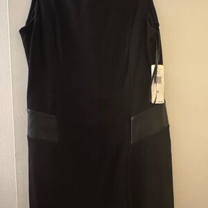 Ralph Lauren Black Sleeveless Viscose & Faux Leather V Neck Dress NWT Size 16